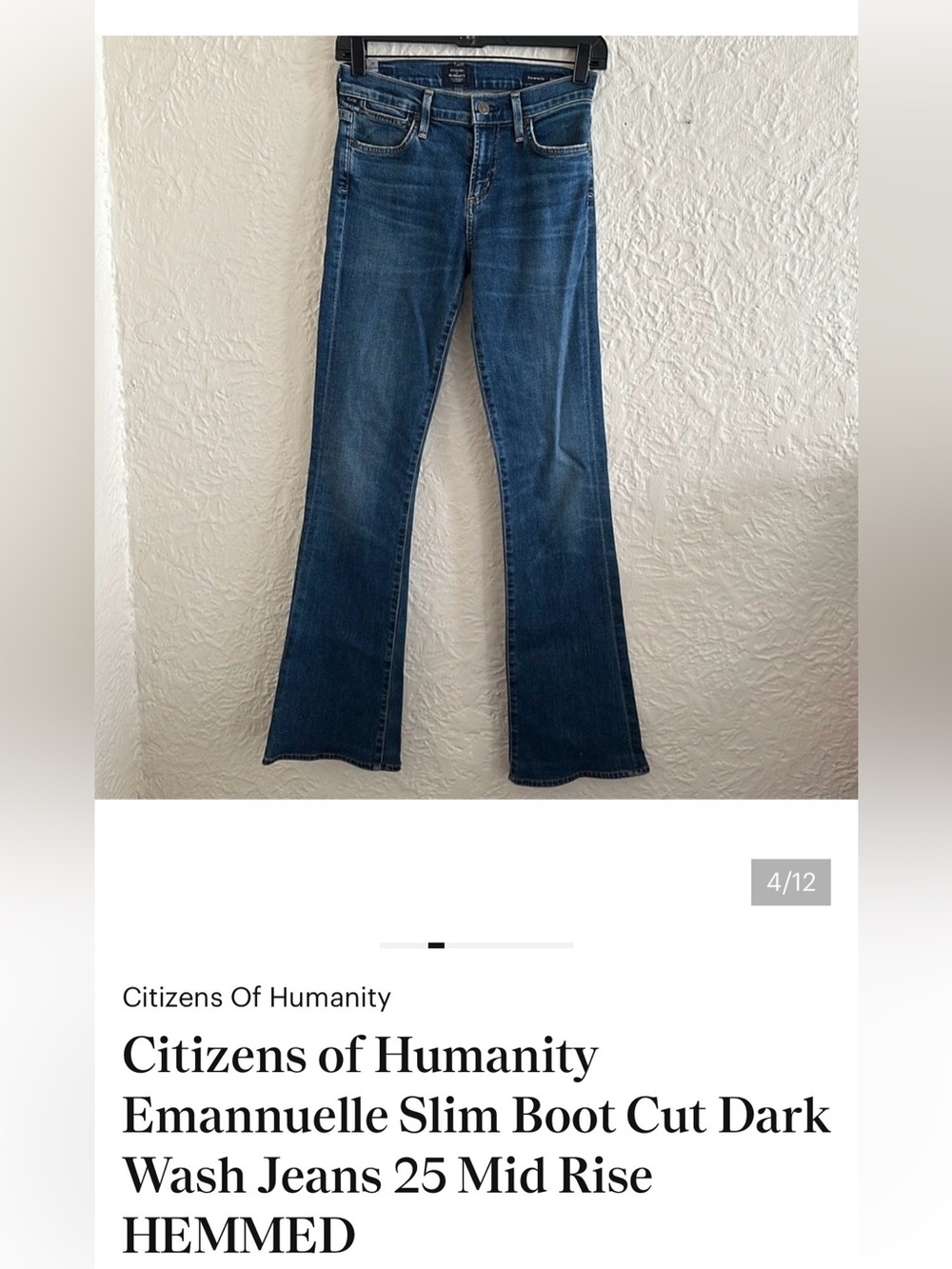 Citizens of Humanity Emannuelle Slim Boot Cut Dark Wash Jeans 25 Mid Rise HEMMED